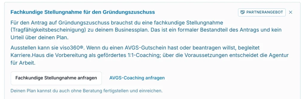 Finanzplan im Businessplantool: Hinweis zur fachkundigen Stellungnahme für den Gründungszuschuss mit beiden Beratungswegen (Beispielplan)