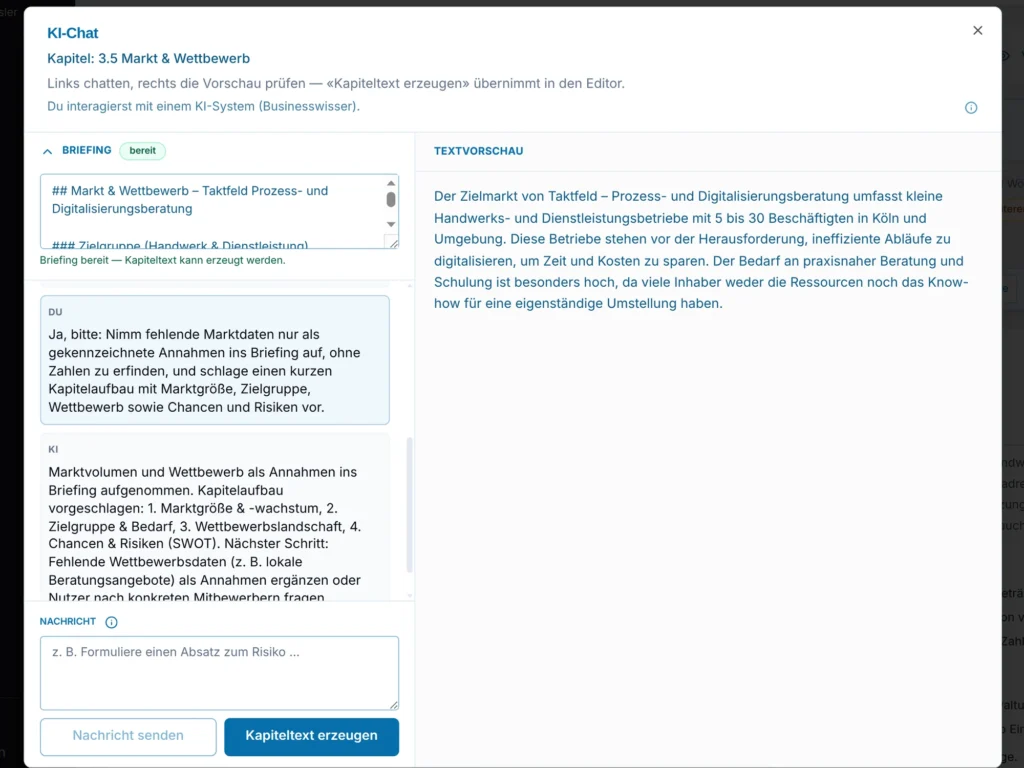 Kapitel-Chat im Businessplantool: Chat mit der KI links, Textvorschau des Kapitels rechts (Beispielplan)