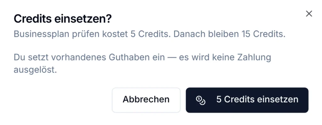 Bestätigung im Businessplantool: Hinweis auf die Credits einer KI-Aktion, ohne dass eine Zahlung ausgelöst wird (Beispielplan)