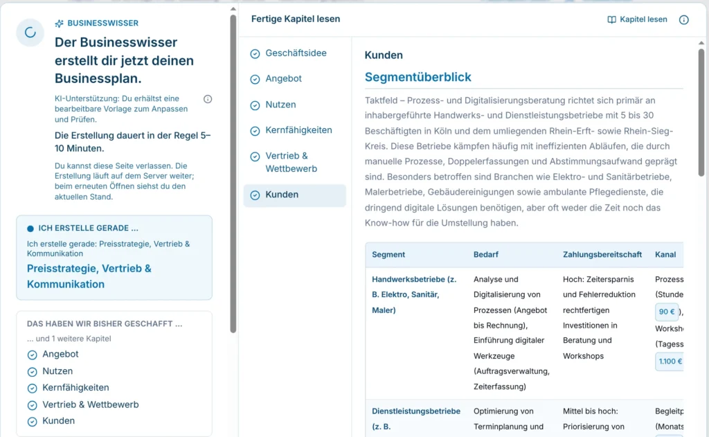KI-Entwurf im Businessplantool: Fortschritt der Erstellung mit fertigen Kapiteln zum Lesen (Beispielplan)