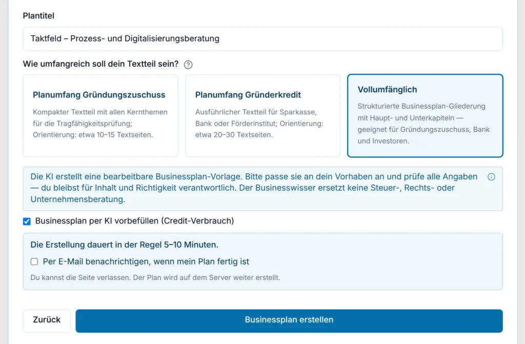 Onboarding im Businessplantool: Auswahl des Planumfangs, KI-Vorbefüllung und Hinweis zur Dauer von in der Regel 5–10 Minuten (Beispielplan)