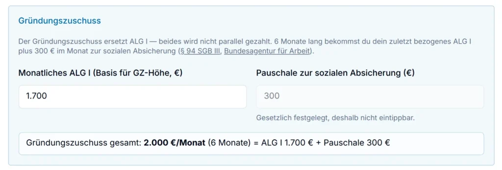 Onboarding im Businessplantool: Gründungszuschuss aus Arbeitslosengeld und fester Pauschale von 300 € (Beispielplan)