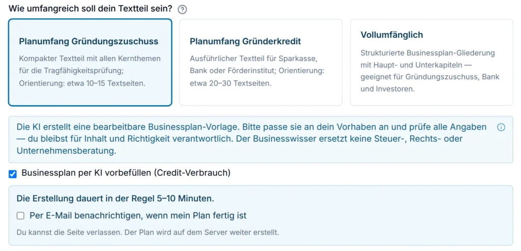 Onboarding im Businessplantool: Planumfang Gründungszuschuss mit KI-Vorbefüllung und Hinweis zur Dauer (Beispielplan)