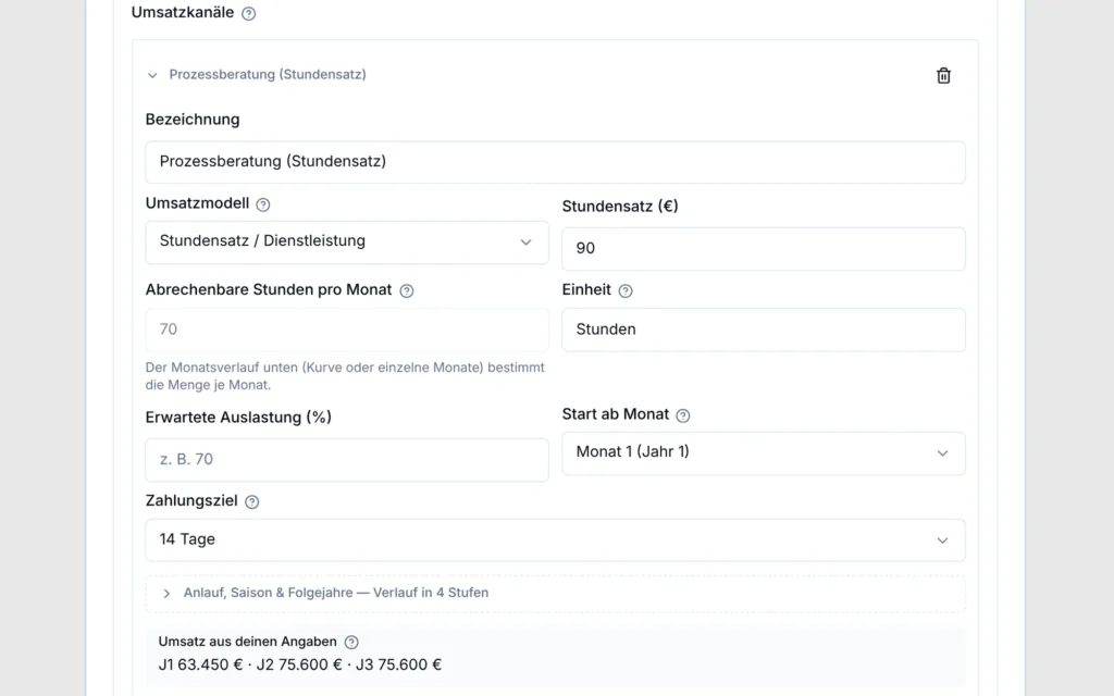 Onboarding im Businessplantool: Umsatzkanal mit Stundensatz, abrechenbaren Stunden, Startmonat und Zahlungsziel (Beispielplan)