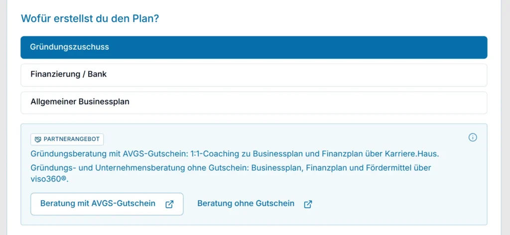 Onboarding im Businessplantool: Zweck Gründungszuschuss mit Hinweis auf beide Beratungswege (Beispielplan)