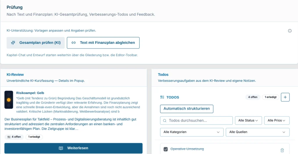 Prüfung im Businessplantool: KI-Gesamtprüfung mit Risikoampel und Verbesserungsaufgaben (Beispielplan)