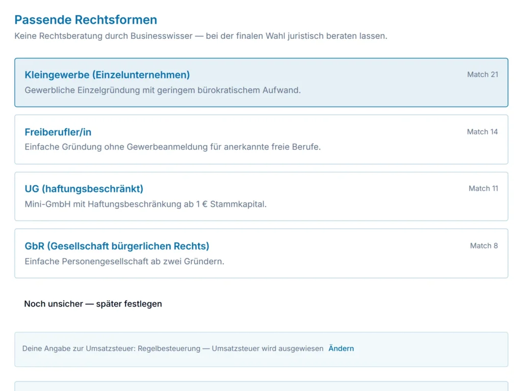 Rechtsformfinder im Businessplantool: passende Rechtsformen mit Übereinstimmungswert (Beispielplan)